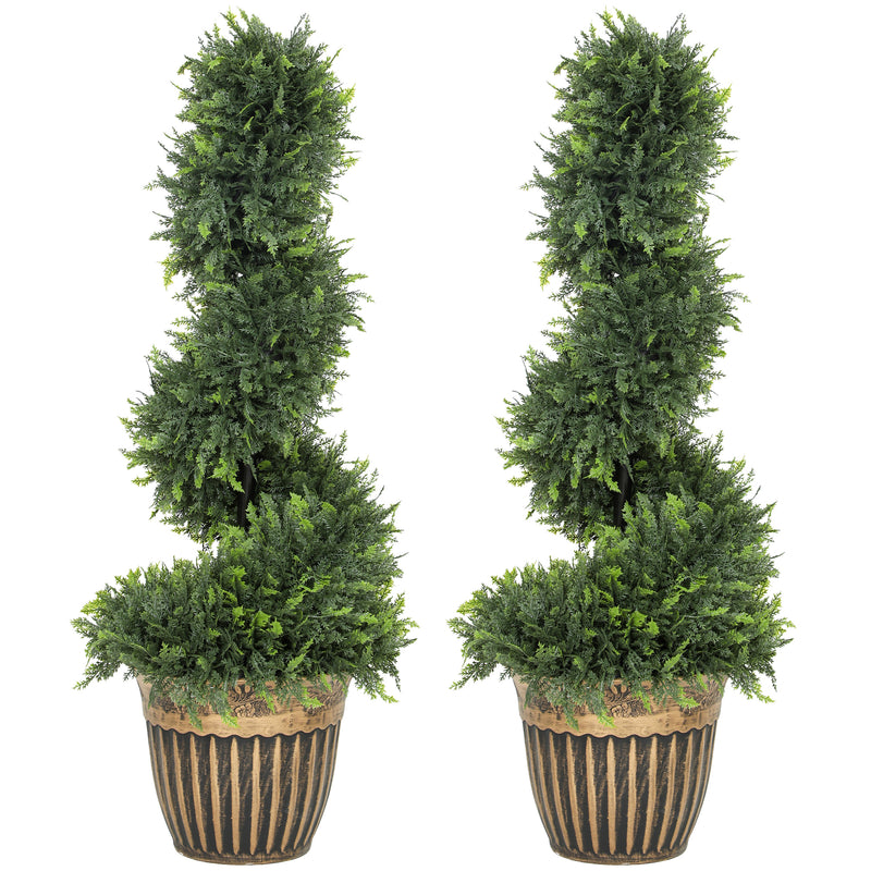 Set of 2 Spiral Topiary Artificial Cypress Trees with Pots for Indoor or Outdoor Use Green