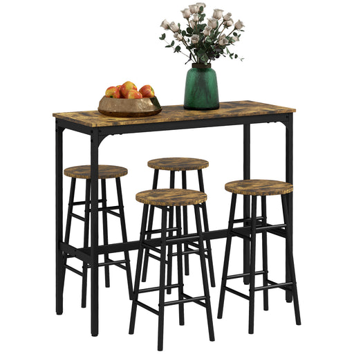 5 Piece Industrial Bar Table Set with 4 Stools, Rustic Brown by HOMCOM