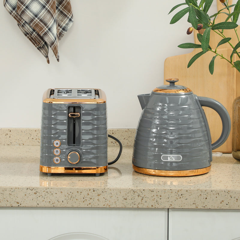 Grey 3000W 1.7L Rapid Boil Kettle and 2 Slice Toaster Set with 7 Browning Levels and Crumb Tray