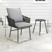 Grey 3 Piece Rattan Bistro Set with Cushions for Garden Balcony and Patio