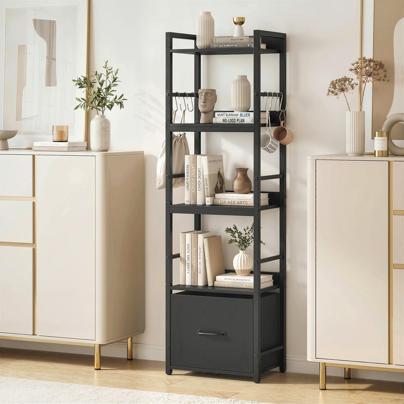 Slim Bookshelf with Drawer and Hooks for Small Spaces and Organised Storage Black AOSOM