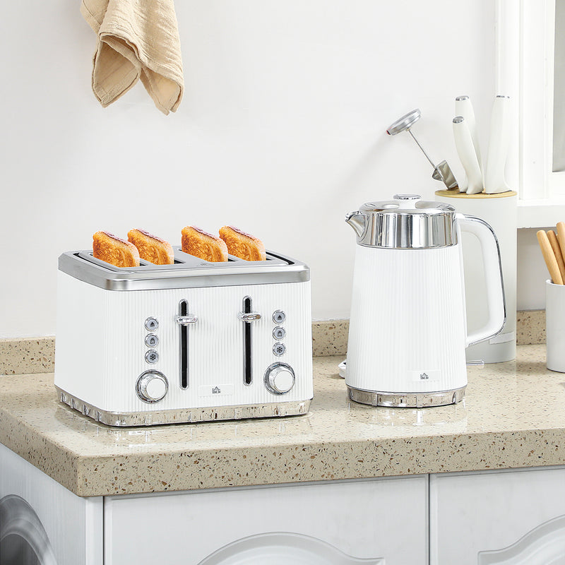 Electric Kettle and 4 Slice Toaster Set with Rapid Boil and Browning Control, White