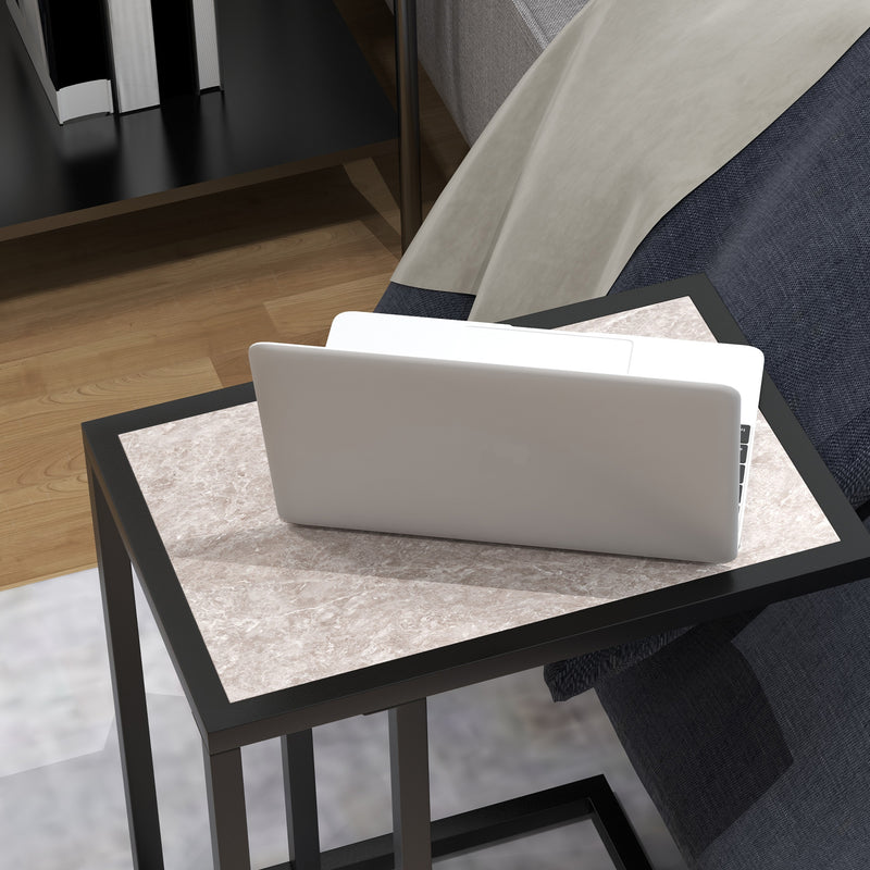 C Shape Bedside Table with Metal Frame and Marble Effect Top for Living Room, Grey