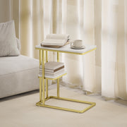 Slim C Shaped Side Table with 2 Tiers for Small Spaces Living Room or Bedroom White Marble Grain