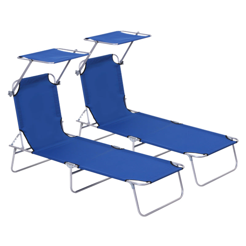 Blue 2 Piece Foldable Sun Lounger Set With Adjustable Backrest And Sun Shade For Garden