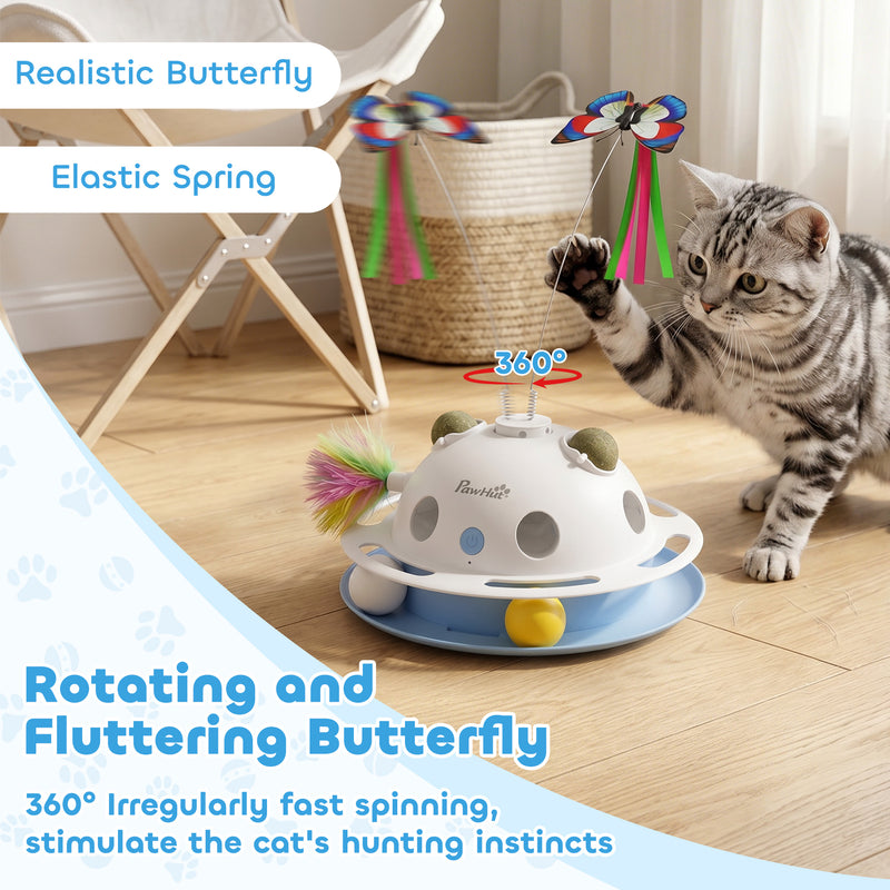 Automatic Interactive Cat Toy for Indoor Play and Exercise with Feathers and Butterfly Blue White Pawhut