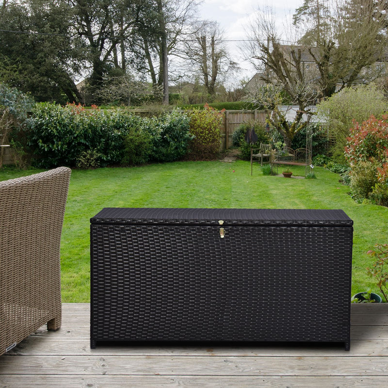 Dark Brown Rattan Garden Storage Box 284L With Gas Lift Lid For Tools And Accessories