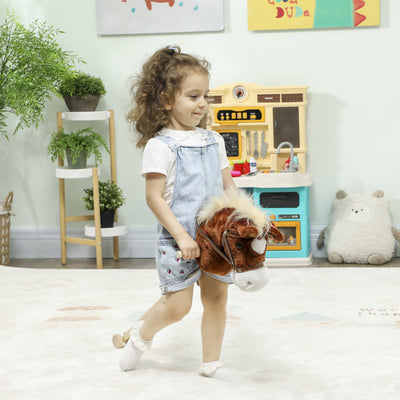 Stick Horse Toy with Real Neighing Sounds and Wooden Wheels for Kids Playtime, Brown AOSOM