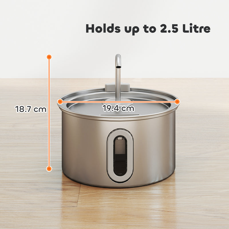 2.5L Stainless Steel Cat Water Fountain with Silent Pump and Water Level Window