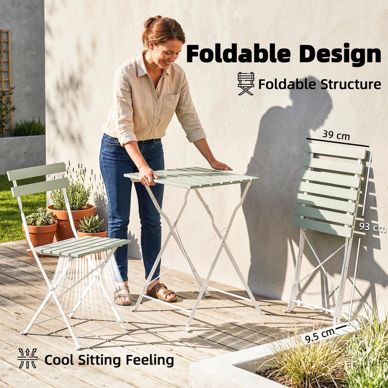 Foldable Garden Bistro Set for 2 with Acacia Wood Table and Chairs for Small Spaces Green White AOSOM
