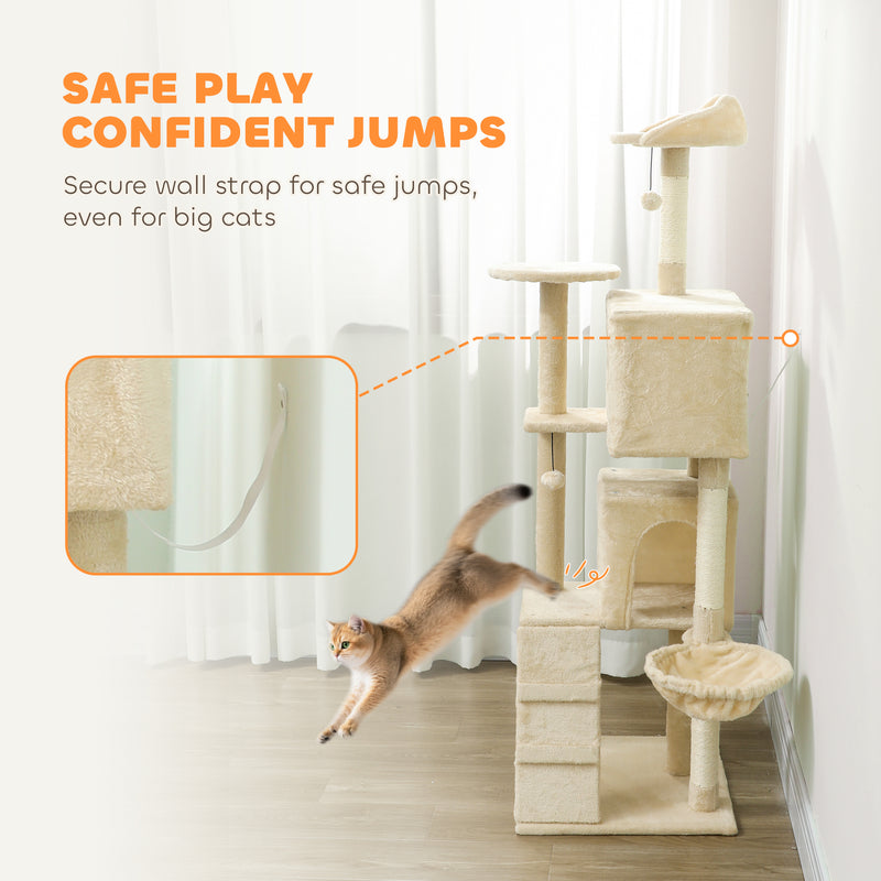 Tall Cat Tree With Sisal Scratching Posts and Hammock for Indoor Cats Beige Cream White