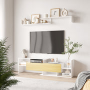 White and Natural TV Cabinet with Wall Shelf for 65 Inch Wall Mounted or 40 Inch Standing TVs