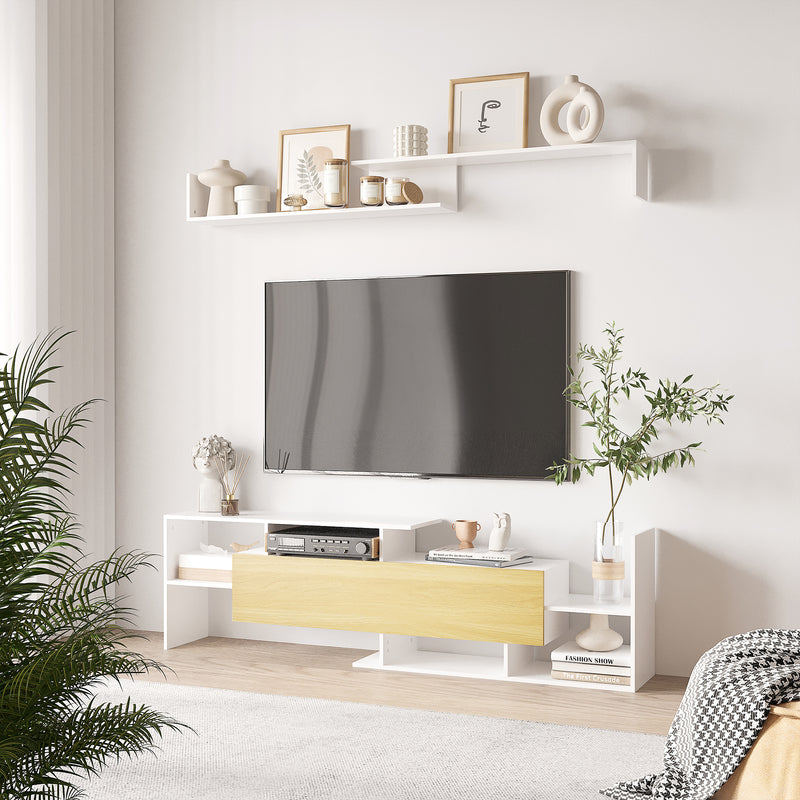 White and Natural TV Cabinet with Wall Shelf for 65 Inch Wall Mounted or 40 Inch Standing TVs