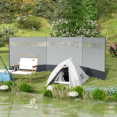 Camping Windbreak with Clear Windows and Steel Poles for Beach or Caravan Grey AOSOM