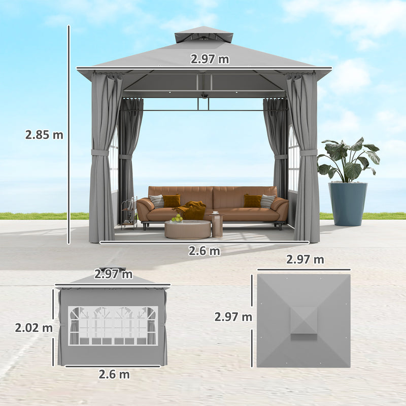 Light Grey 3 x 3 m Garden Gazebo with Double Roof and Removable Sidewalls by Outsunny