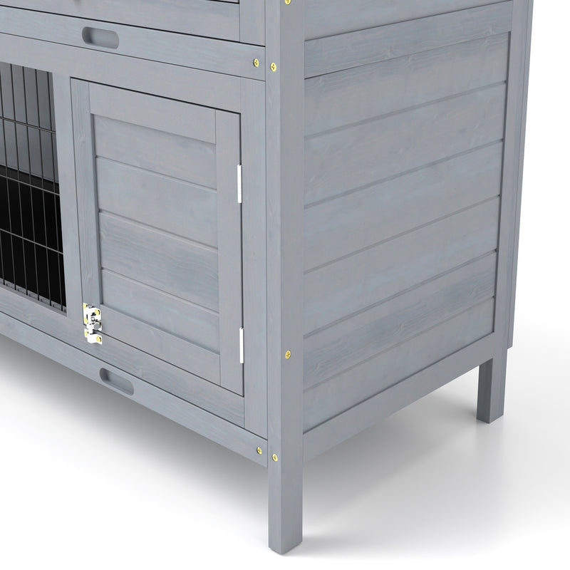 Grey Wooden Rabbit Hutch Outdoor Guinea Pig Cage with No-Leak Trays and Divider by PawHut