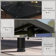 Black Square Garden Table for 4 with Marble Effect Glass Top and Steel Frame for Patio