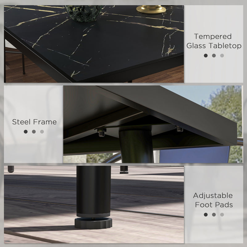 Black Square Garden Table for 4 with Marble Effect Glass Top and Steel Frame for Patio