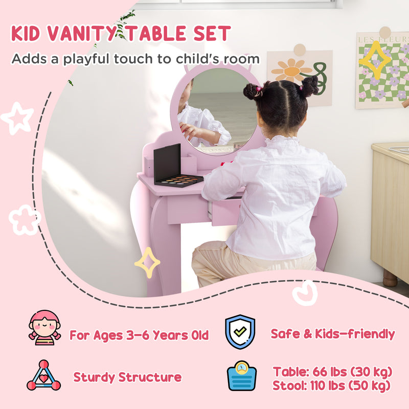 Kids Wooden Bedroom Furniture Set with Bed Dressing Table and Stool for Ages 3 to 6 Years, Pink