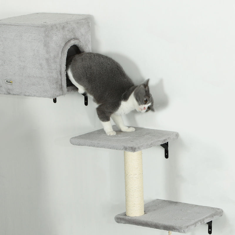 Grey 6 Piece Cat Wall Shelves Set with Bed Scratching Post and Toy Ball by PawHut