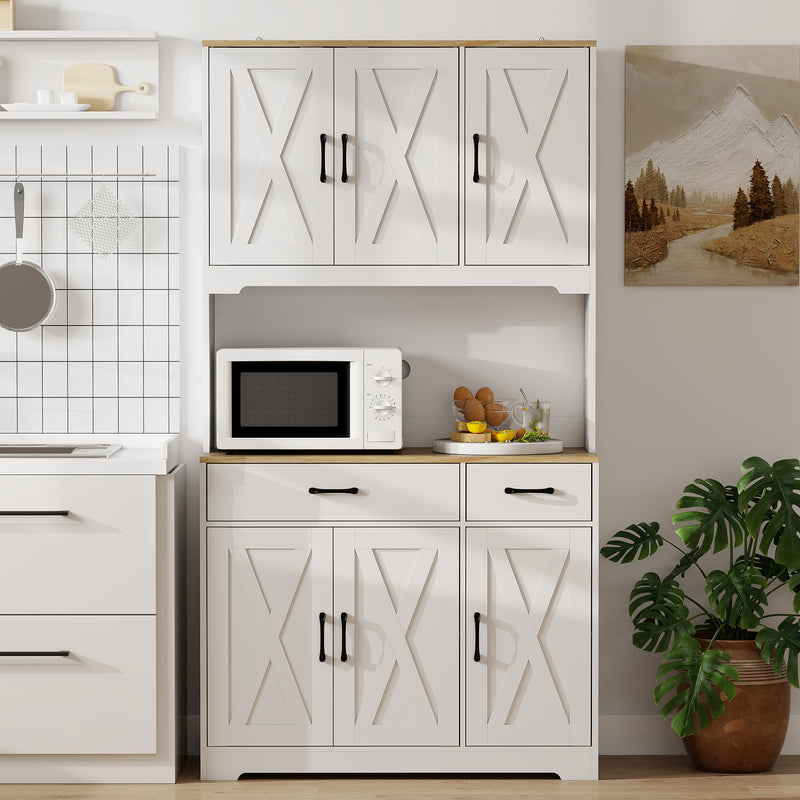 Kitchen Storage Cabinet with Adjustable Shelves and Barn Doors for Organised Cooking Natural Wood White AOSOM