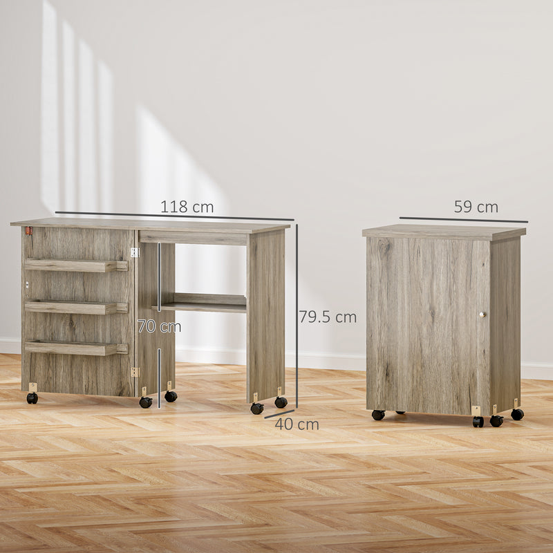 Grey Folding Sewing Table with Drop Leaf Storage Bins Shelves and Wheels by HOMCOM AOSOM