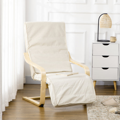 Reclining Wooden Lounging Chair with Adjustable Footrest and Cushion for Garden Comfort Cream White