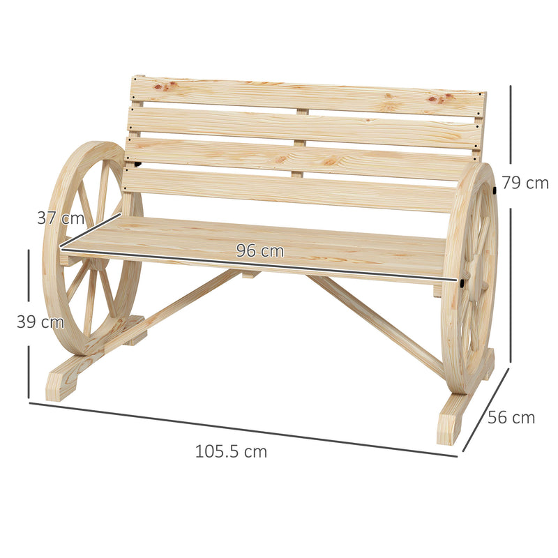Rustic Wooden Garden Loveseat Bench With Wagon Wheel Armrests by Outsunny