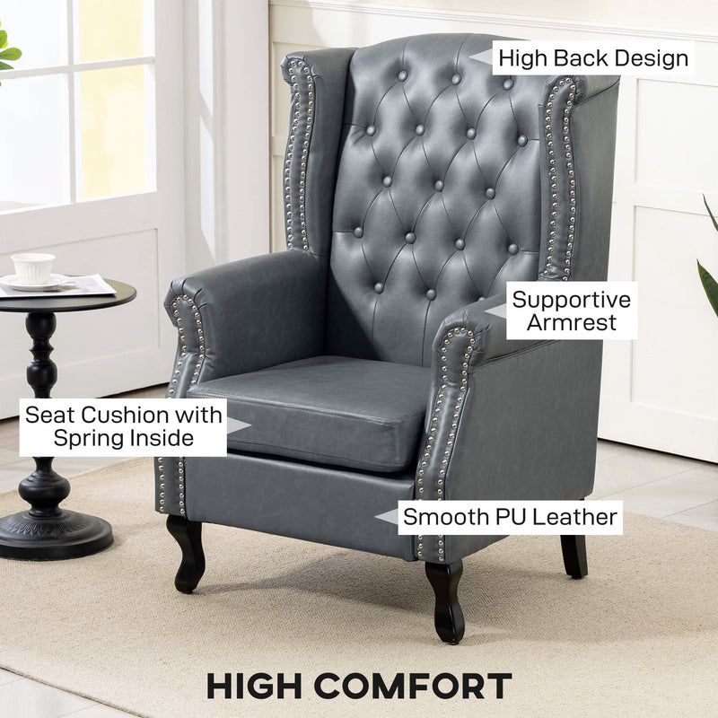 Grey Tufted Wingback Accent Armchair with Nailhead Trim Ideal for Living Room or Bedroom