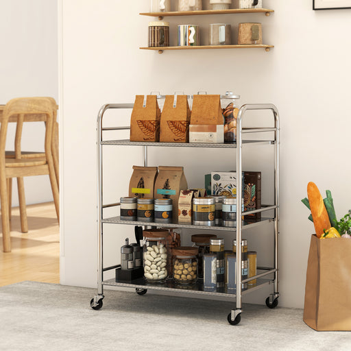 3 Tier Stainless Steel Kitchen Trolley With Adjustable Shelves For Storage, Silver