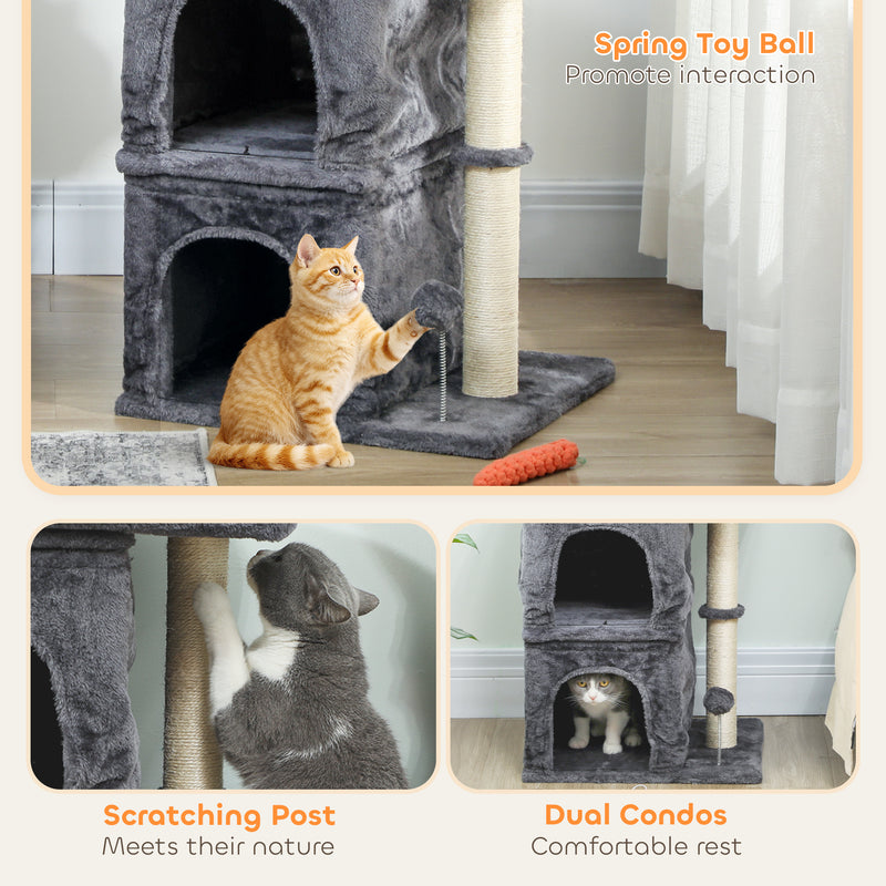 Cat Tree Tower with Two Condos and Scratching Post for Large Cats 66cm Dark Grey AOSOM