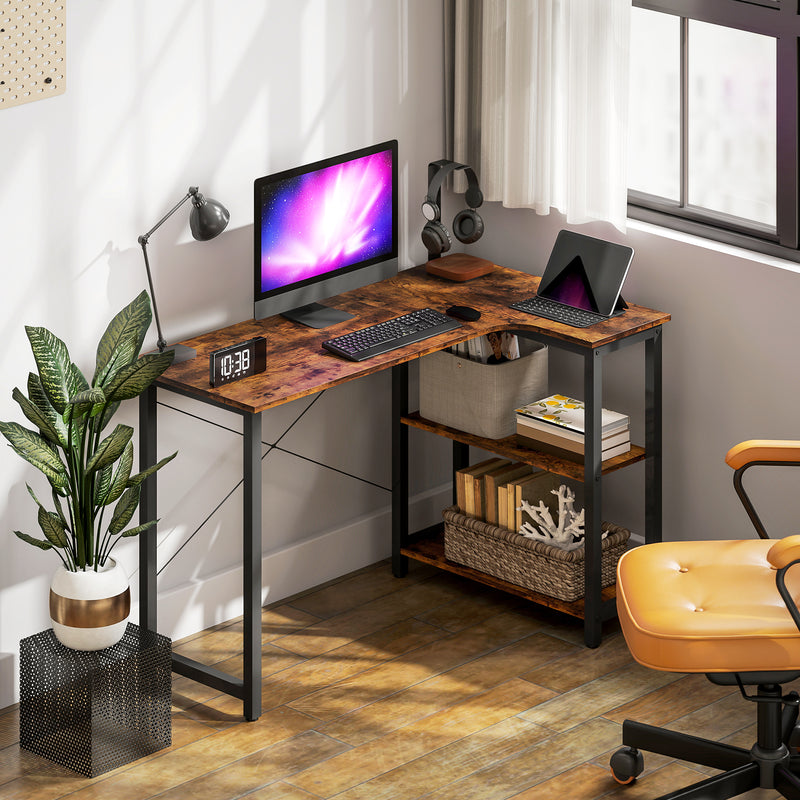Industrial L Shaped Corner Computer Desk with Built In Bookshelf for Home Office Study Rustic Brown