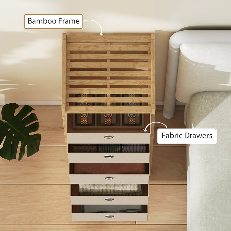 Slim Chest of Drawers for Small Bedrooms with Five Fabric Storage Drawers Natural Finish AOSOM