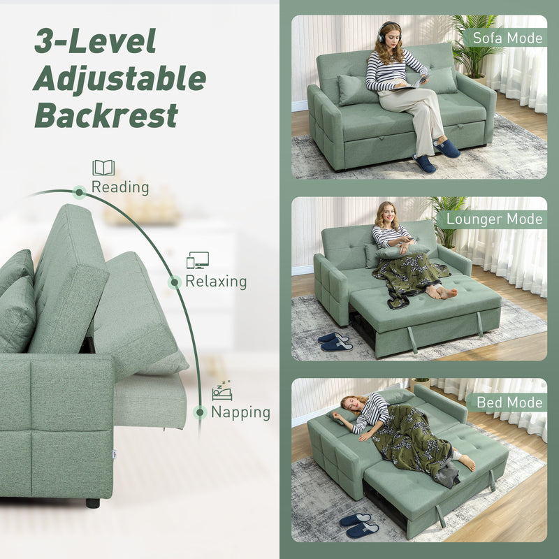 2 Seater Folding Sofa Bed For Small Spaces - 3 Position Reclining Backrest, Green Fabric