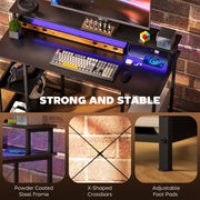 LED Computer Desk with Power Outlets and Storage Shelves Ideal for Home Office, Grey