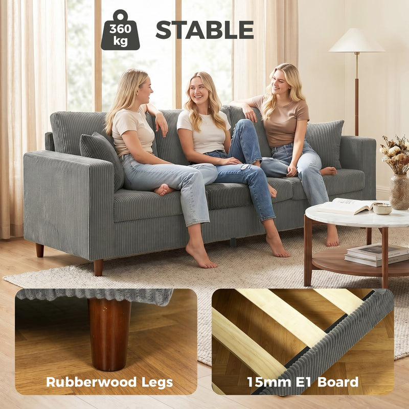 Three Seater Sofa for Spacious Family Lounging with Deep Cushions and Corduroy Fabric