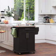 Black Wooden Kitchen Island Trolley With Stainless Steel Top And Storage Drawer On Wheels