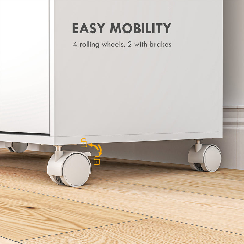 Rolling Ironing Board Cabinet with Storage and Lockable Wheels for Home Use White AOSOM