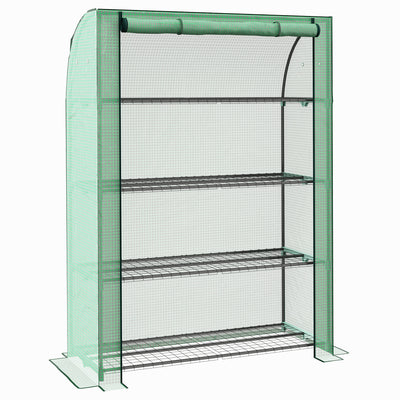 4 Tier Mini Greenhouse with Roll Up Door and Shelves for Indoor Outdoor Use Green