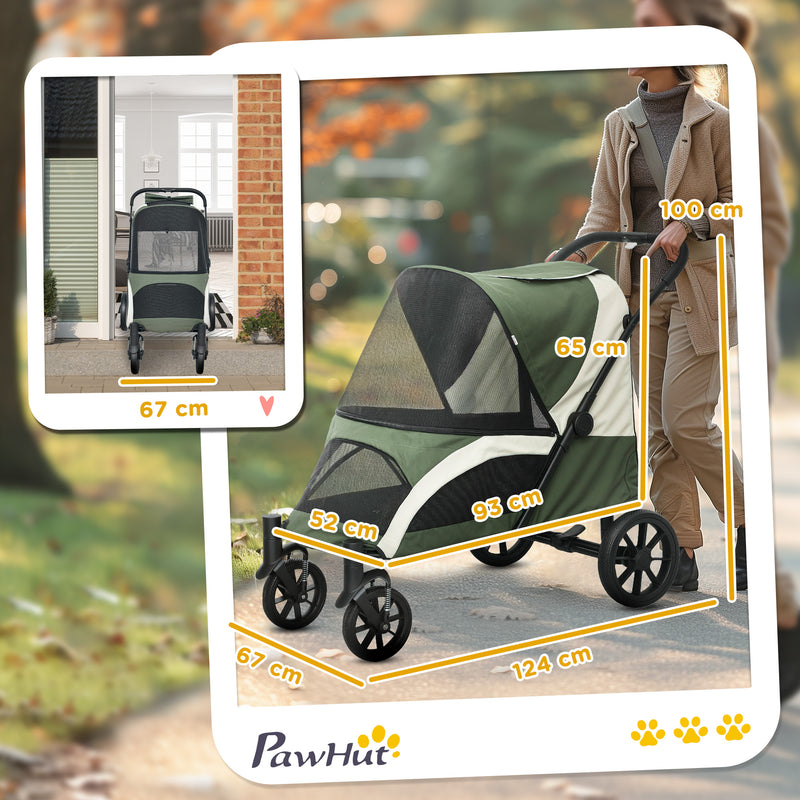 Dark Green Folding Pet Stroller for Large Dogs with Shock Absorb Frame and Safety Leashes by PawHut AOSOM