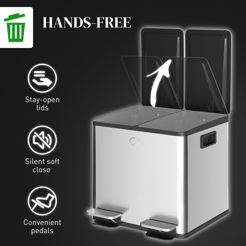 30L Dual Compartment Kitchen Recycling Bin with Deodoriser Holders Stainless Steel Silver