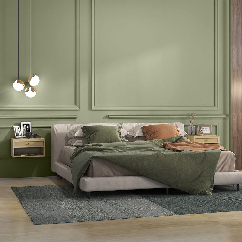 Set of 2 Wall Mounted Bedside Tables with Rattan Panels for Bedroom Storage Wood Effect