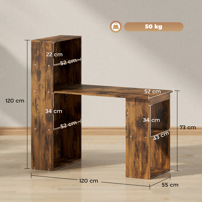120cm Wooden Computer Desk with 6 Tier Shelves for Home Office or Study, Rustic Brown