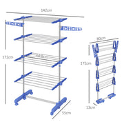 Four Shelf Folding Clothes Airer with Side Wings and Wheels for Indoor Drying, Blue