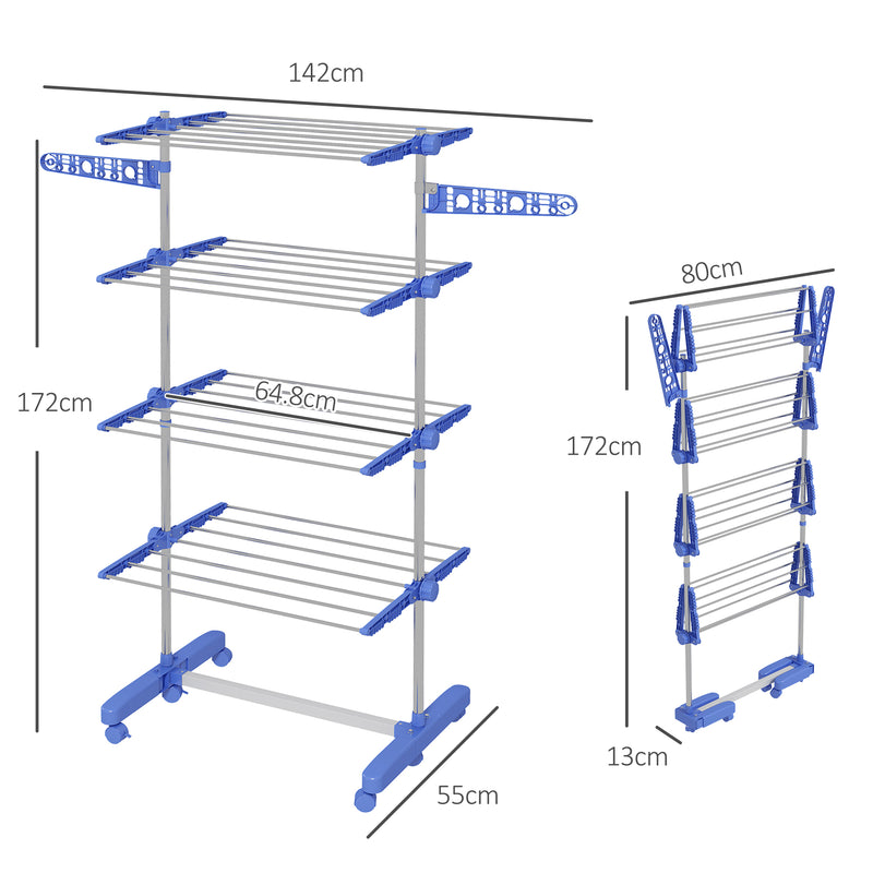 Four Shelf Folding Clothes Airer with Side Wings and Wheels for Indoor Drying, Blue