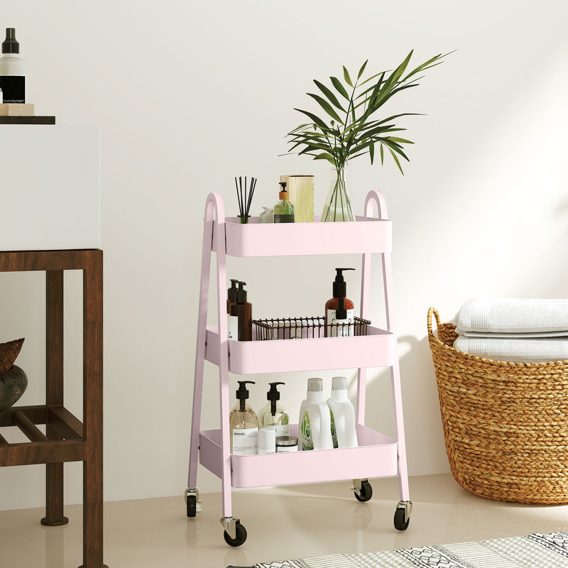 Pink Three Tier Rolling Storage Trolley with Wheels for Home or Office Use