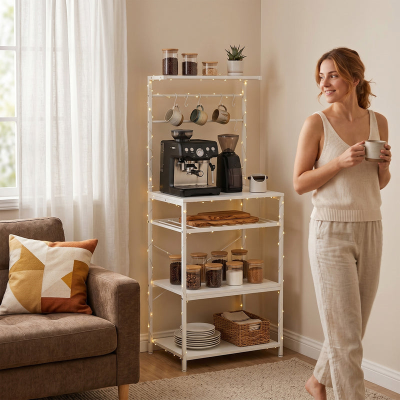 Kitchen Storage Shelf with Wine Rack and Hooks for Small Spaces White