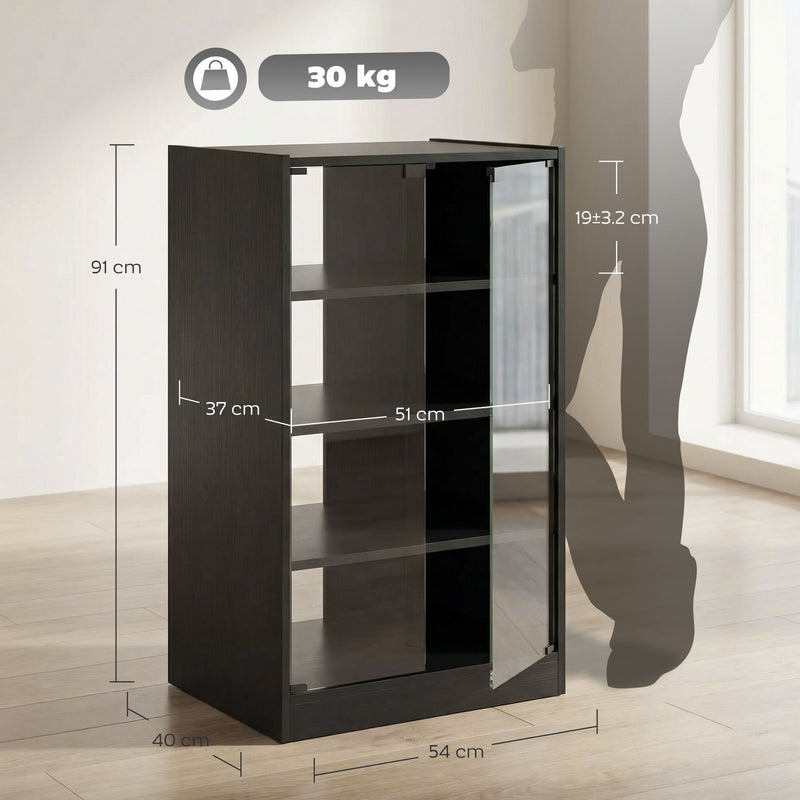 Record Player Stand With Adjustable Shelves and Glass Doors for Tidy Media Storage Black Wood-Effect