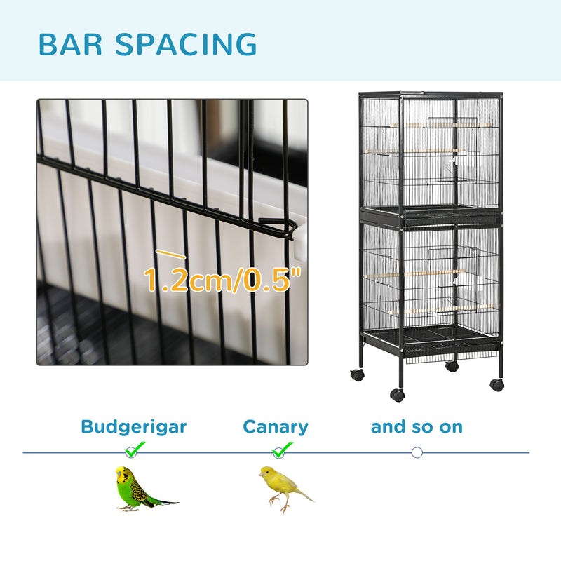 Large Bird Cage on Wheels with Removable Trays for Budgies Finches Cockatiels, Black