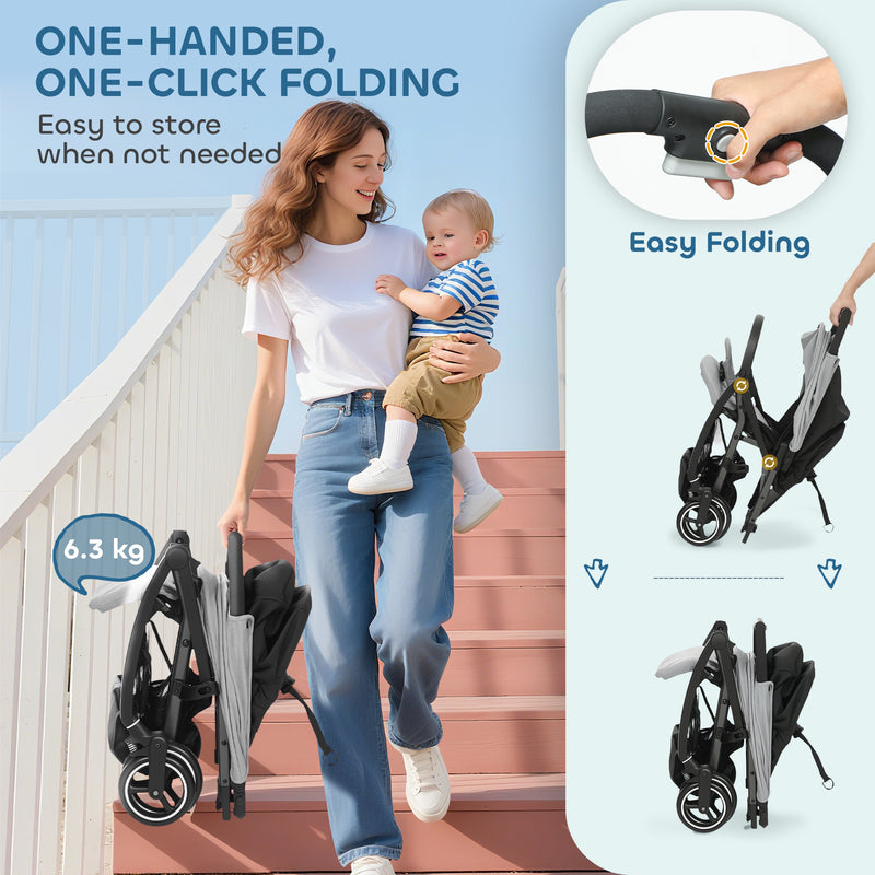 Lightweight Travel Stroller Compact Pushchair with Recline Canopy and Storage Basket Light Grey AOSOM